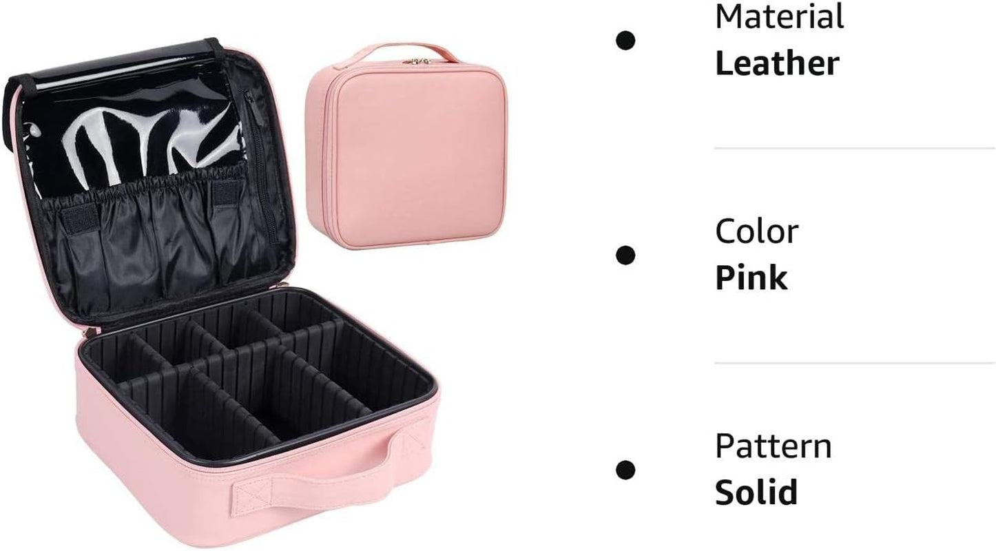 Travel Makeup Case, PU Leather Portable Organizer Makeup Train Case Makeup Bag Cosmetic Case with Adjustable Dividers for Cosmetics Makeup Brushes Women (Pink) Bags & Cases Beauty & Personal Care Tools & Accessories Train Cases