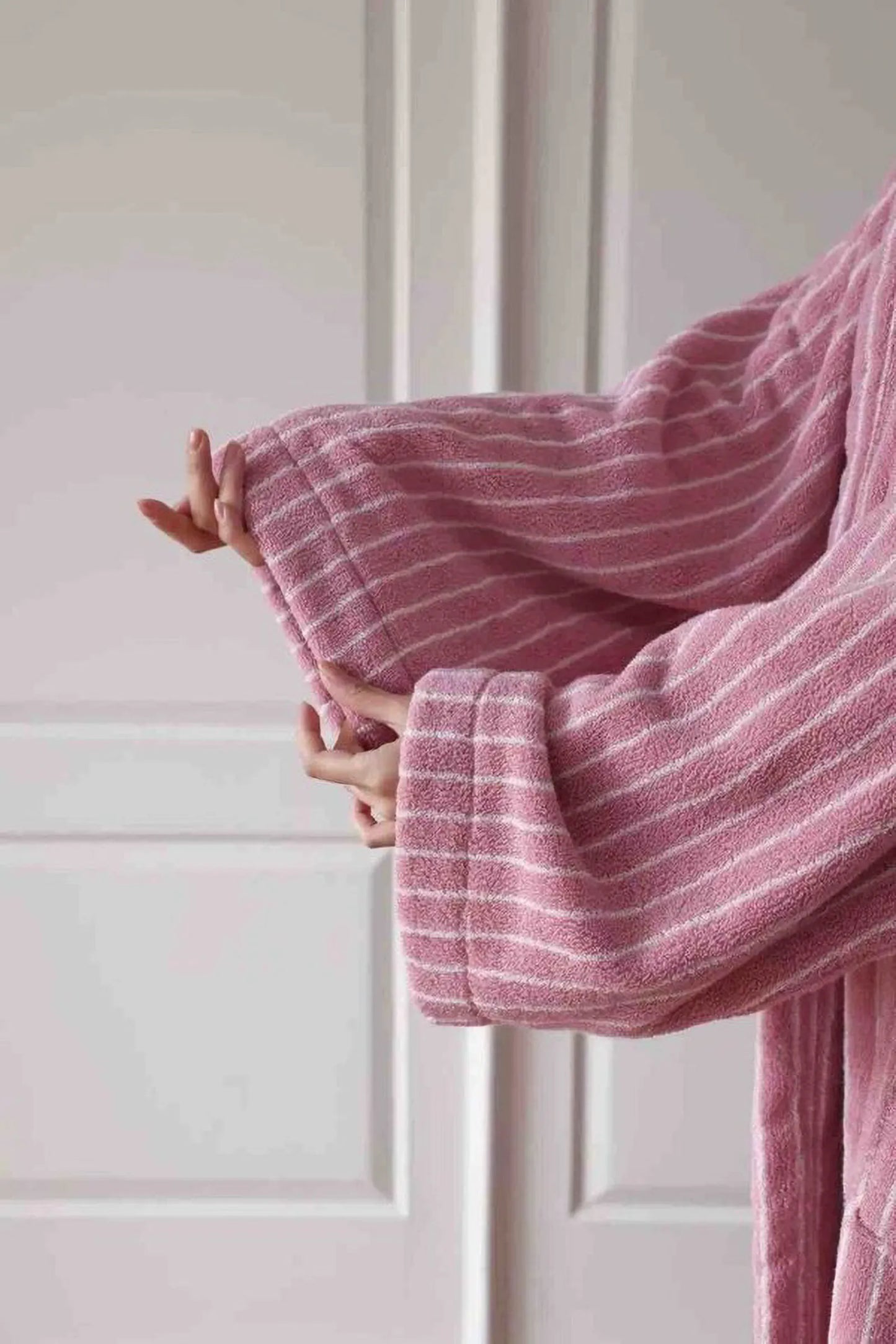 Plush Vertical Striped Cotton Hooded Robe