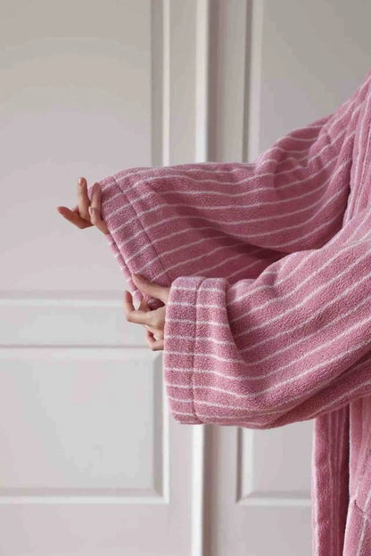 Plush Vertical Striped Cotton Hooded Robe