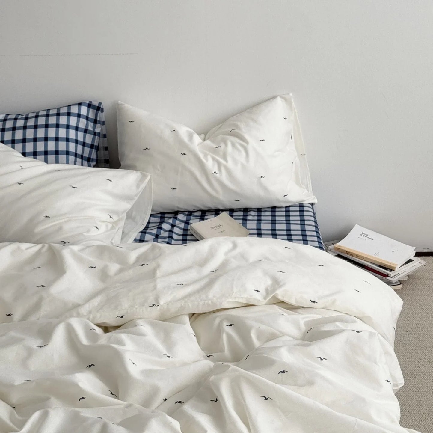 Gingham & Seagull Embroidered Washed Cotton Bedding Set