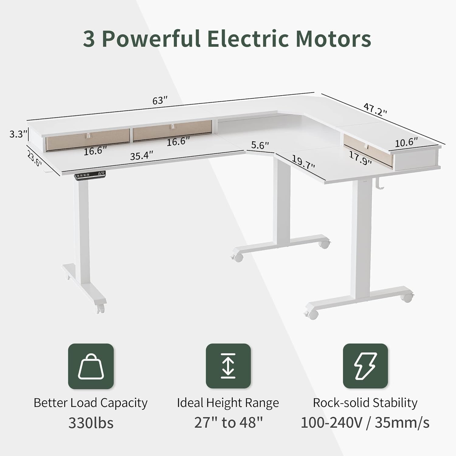 FEZIBO Triple Motor 63" L Shaped Standing Desk with 3 Drawers, Electric Standing Gaming Desk Adjustable Height, Corner Stand up Desk with Splice Board, White Frame/White Top Furniture Home & Kitchen Home Office Desks Home Office Furniture