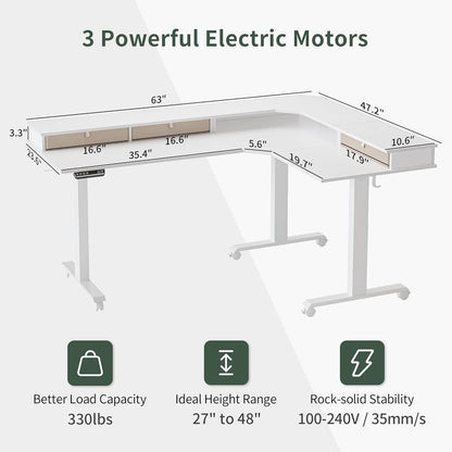 FEZIBO Triple Motor 63" L Shaped Standing Desk with 3 Drawers, Electric Standing Gaming Desk Adjustable Height, Corner Stand up Desk with Splice Board, White Frame/White Top Furniture Home & Kitchen Home Office Desks Home Office Furniture