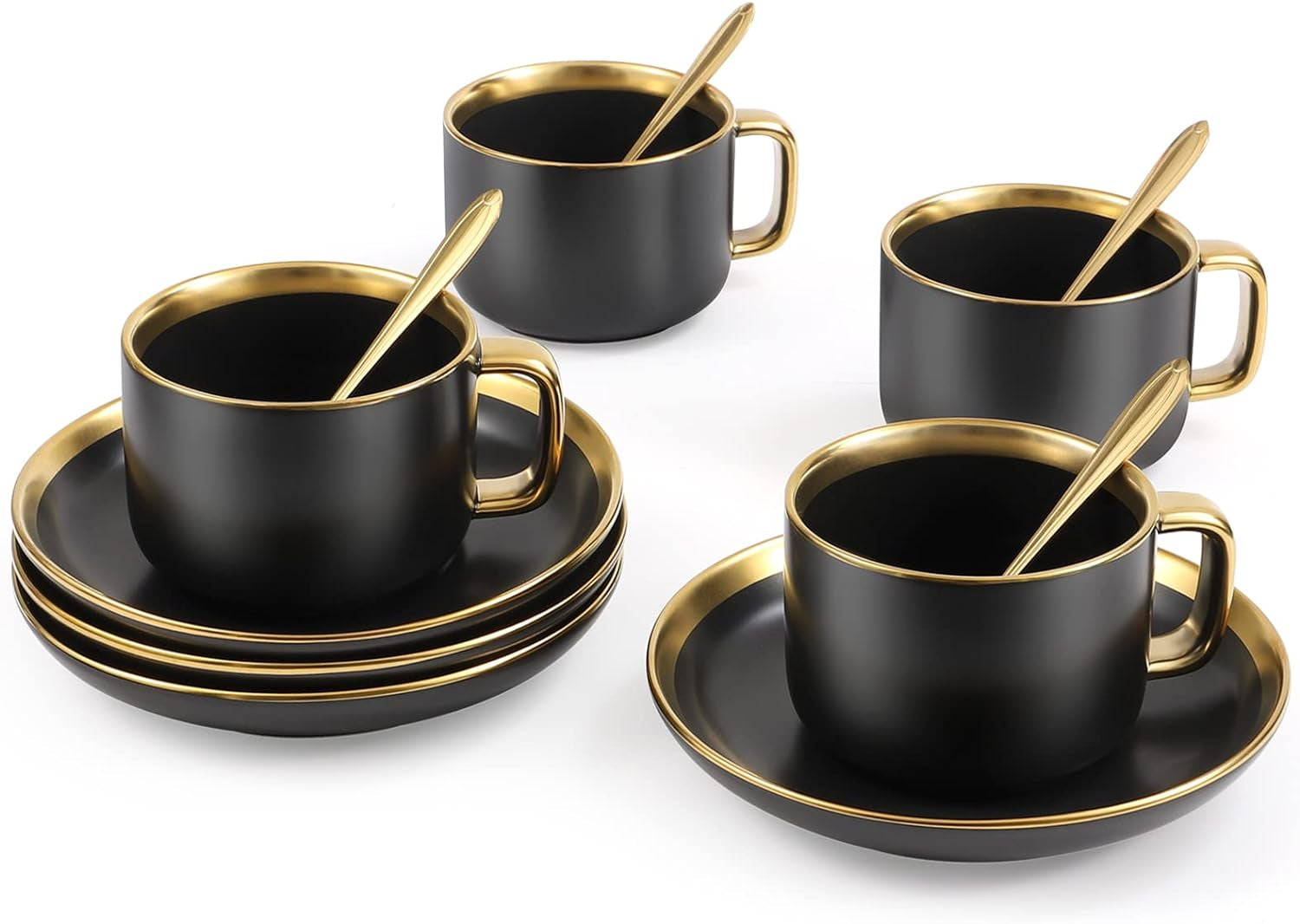 European Style Luxury Gold Rim Tea Cup and Saucer Set,8.5 Oz Ceramic Tea Cup Coffee Cup Set(Black 4 Pack) & Saucers Cup & Saucer Sets Cups Dining & Entertaining Glassware & Drinkware Home & Kitchen Kitchen & Dining Mugs