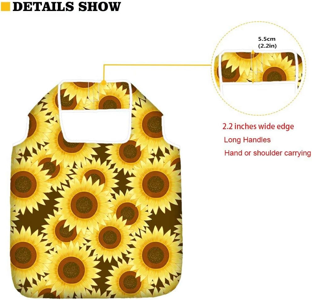 AFPANQZ Sunflower Grogcery Bag Foldable into Attacted Pocket Machine Washable Reusable Shopping Bags for Groceries Polyester Grocery Tote with Handle Heavy Duty Shoulder Totes Storage Yellow Black