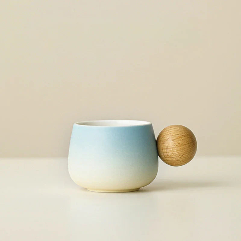 Matte Gradient Ceramic Mug Set with Wooden Handle