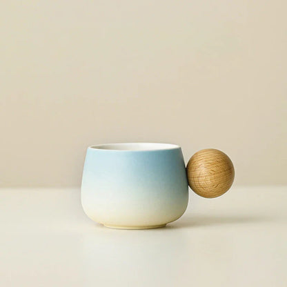 Matte Gradient Ceramic Mug Set with Wooden Handle