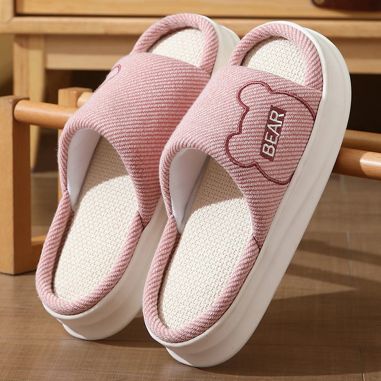 Breathable Woven Embroidered Bear Linen House Slippers