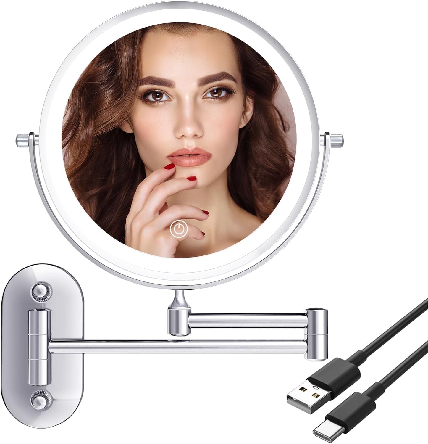 Erealmirror Rechargeable LED Lighted Makeup Mirror Wall Mounted Double Sided 10X Magnifying Bathroom Mirror with 3 Color Lights Dimming 360 Degree Rotation, Extension Arm, Brushed Nickel Beauty & Personal Care Makeup Mirrors Mirrors Tools & Accessories