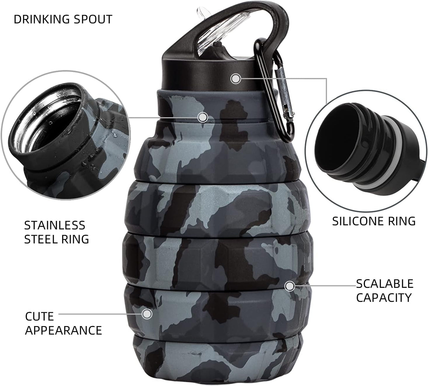 Collapsible Travel Water Bottle18Oz, Reuseable Silicone Foldable Water Bottles for Gym Camping Hiking, Portable Leak Proof Sports Water Bottle with Carabiner (Dark Gray Camouflage Cup) Sports & Outdoor Recreation Accessories Sports & Outdoors Sports Water Bottles