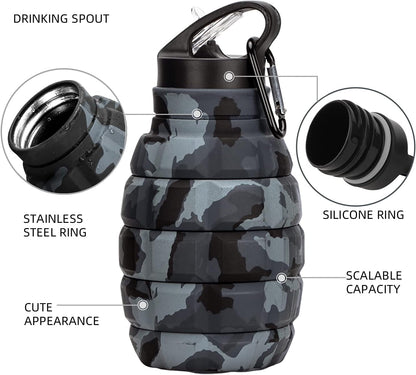 Collapsible Travel Water Bottle18Oz, Reuseable Silicone Foldable Water Bottles for Gym Camping Hiking, Portable Leak Proof Sports Water Bottle with Carabiner (Dark Gray Camouflage Cup) Sports & Outdoor Recreation Accessories Sports & Outdoors Sports Water Bottles