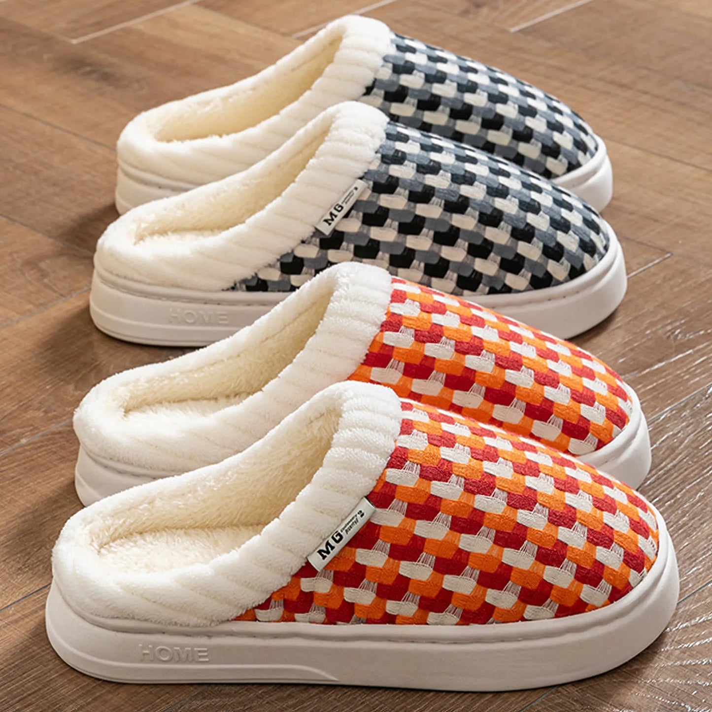 Fuzzy Woven Gingham Plush House Slippers