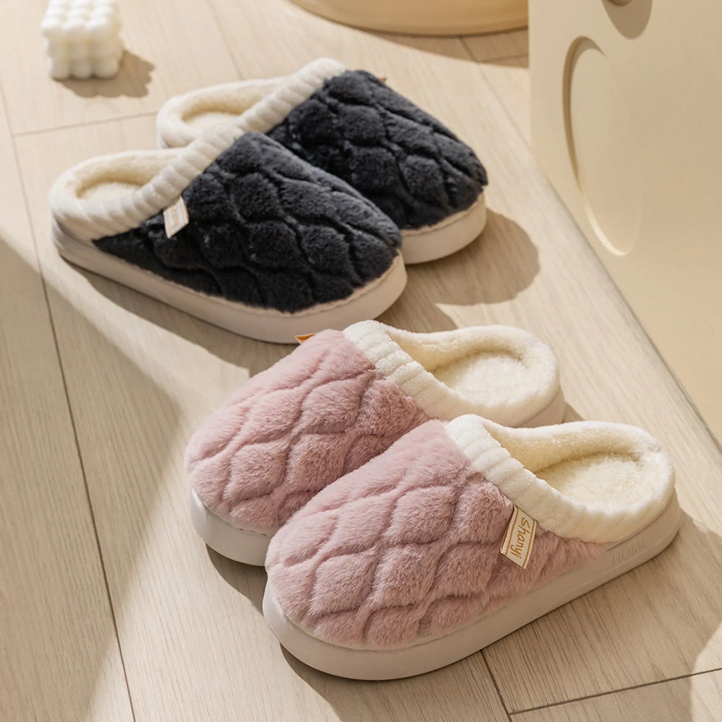 Plush Diamond Quilted Cotton House Slippers