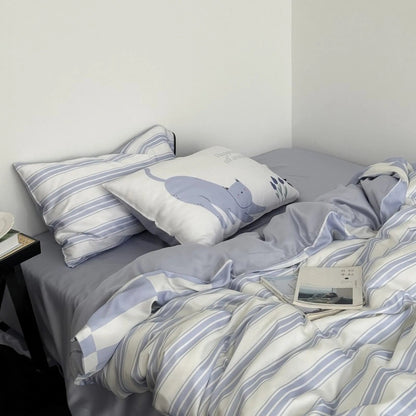 Soft Cat & Stripe Washed Cotton Bedding Set
