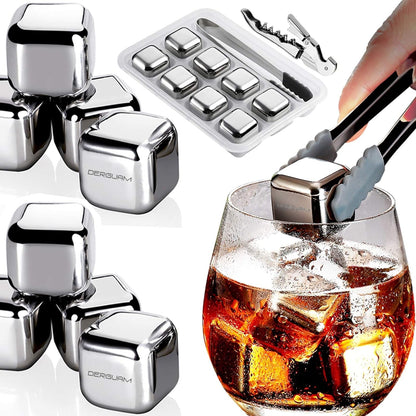 DERGUAM 8 Packs Fast-Cooling 304 Stainless Steel Ice Cubes Whiskey Stones Whiskey Rocks with Wine Opener, Nonslip Ice Tong & Freezer Storage Tray Great for Whiskey,Wine,Beer,Juice or Soda Home & Kitchen Ice Cube Molds & Trays Kitchen & Dining Kitchen Utensils & Gadgets Specialty Tools & Gadgets