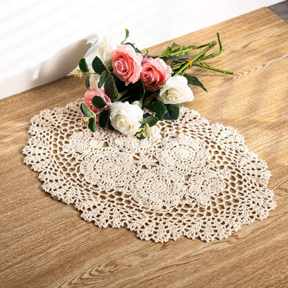 2-Pieces Handmade Cotton Crochet Doilies Oval Lace Table Placemats 12 X17Inch, Beige Home & Kitchen Kitchen & Dining Kitchen & Table Linens Place Mats