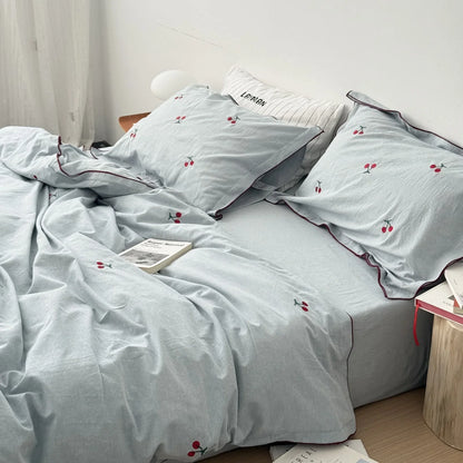 Soft Embroidered Cherry Washed Cotton Bedding Set