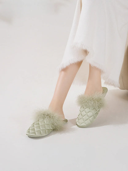 Plush Feathery Quilted Satin House Slippers