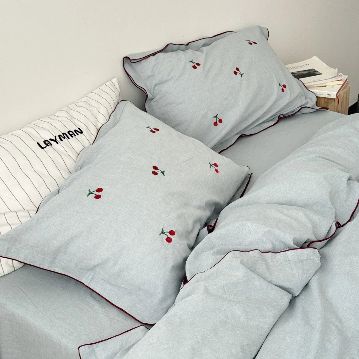 Soft Embroidered Cherry Washed Cotton Bedding Set
