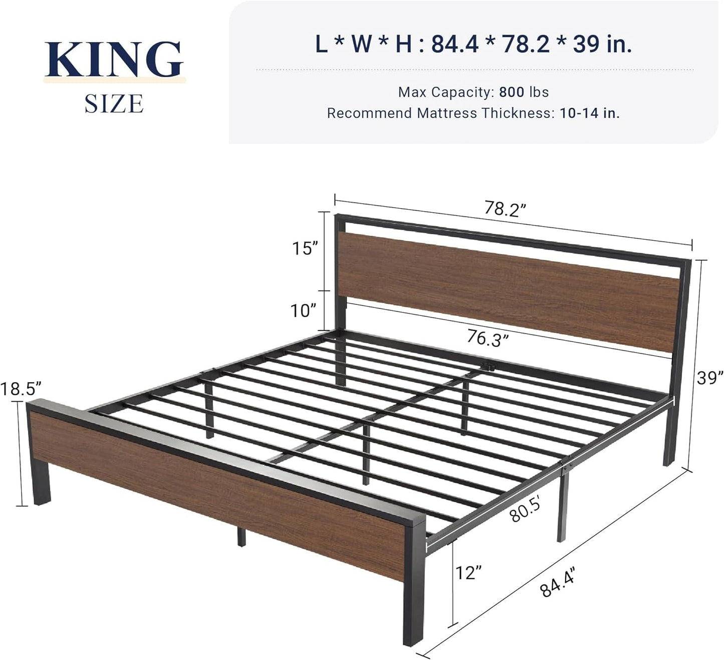 Allewie Kingsize-Bettrahmen mit Holzkopf- und -fußteil, robuste Stütze mit 12 Metalllatten, kein Boxspringbett erforderlich, Stauraum unter dem Bett, rutschfest und geräuschlos, einfache Montage, Walnuss