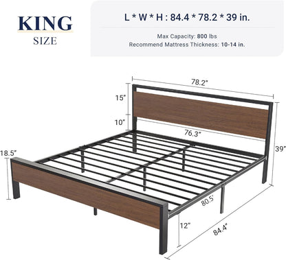 Estrutura da cama Allewie King Size com cabeceira e estribo de madeira, suporte para 12 ripas de metal para serviço pesado, sem necessidade de molas, armazenamento sob a cama, antiderrapante sem ruído, fácil montagem, nogueira