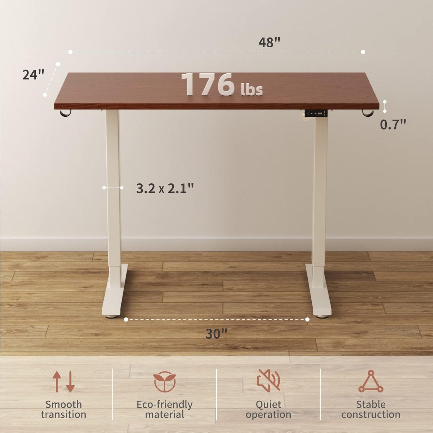 Electric Standing Desk 48 X 24 Inches, Adjustable Height Computer Desk, Whole Piece Board Sit Stand Desk for Home Office, Memory Preset White Frame + Walnut Top 0.7” Furniture Home & Kitchen Home Office Desks Home Office Furniture