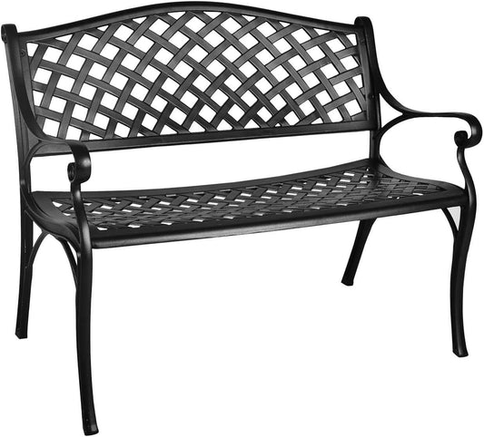 GIODIR Outdoor Patio Garden Bench All-Weather Cast Aluminum Loveseats Park Yard Furniture Porch Chair Work Entryway Decor W/Checkered Design (Black) Benches Lawn & Garden Patio Patio Furniture & Accessories Patio Seating