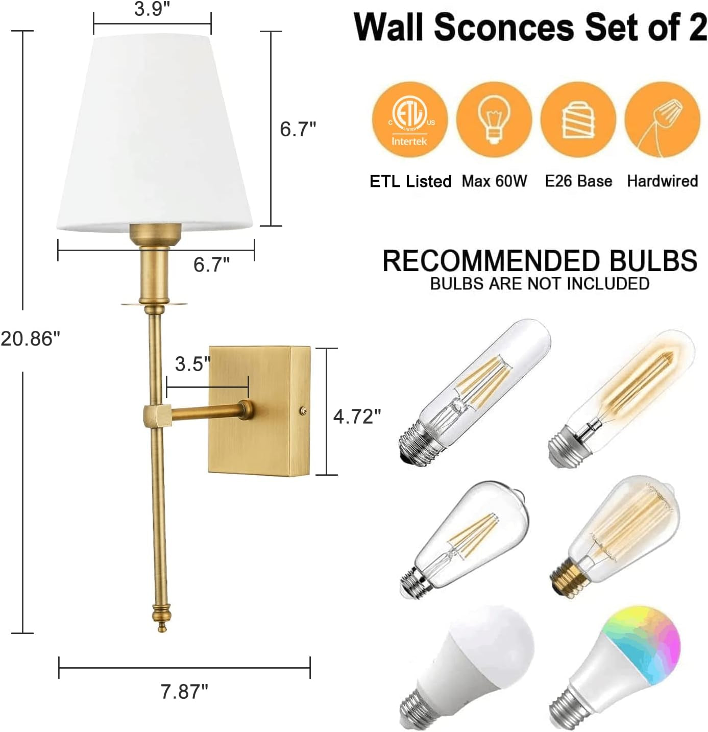 Bsmathom Wall Sconces Sets of 2, Brushed Brass Sconces Wall Lighting with Fabric Shade, Hardwired Column Stand Bathroom Vanity Light Fixture for Hallway, Entryway, Passway Kitchen, Gold Lighting & Ceiling Fans Tools & Home Improvement Wall Lamps & Sconces Wall Lights