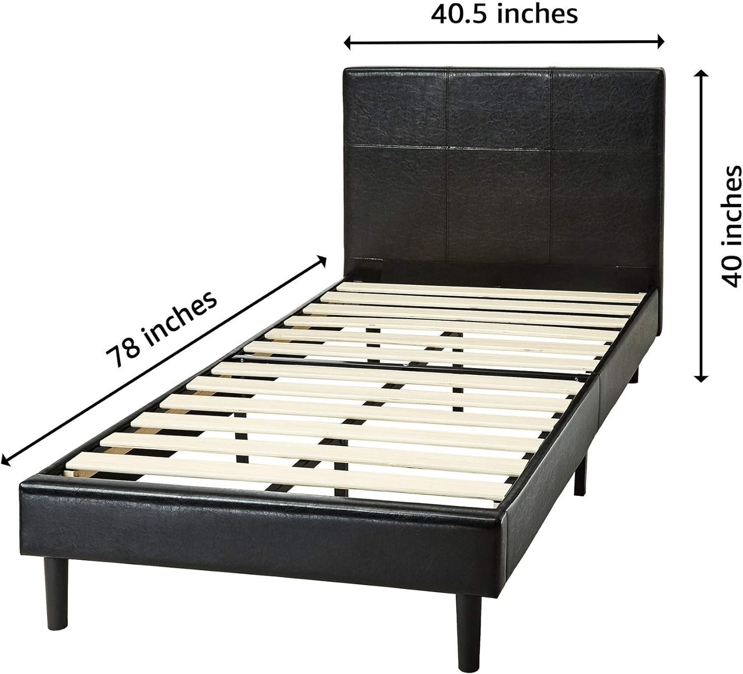 Amazon Basics Faux Leather Upholstered Platform Bed Frame with Wooden Slats, Twin, Black, 78"L X 40.5"W X 40"H Bedroom Furniture Beds Frames & Bases Furniture Home & Kitchen