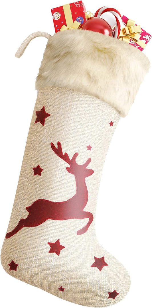 Fully Lined, Large Soft Burlap Christmas Stocking 1Pc. Ivory and Red Xmas Gift Holder with Fluffy Cuff, Reindeer and Stars. Holiday Sock Perfect for Stuffing with Presents and Decorating the Mantle Holders Home & Kitchen Seasonal Décor Stockings & Holders