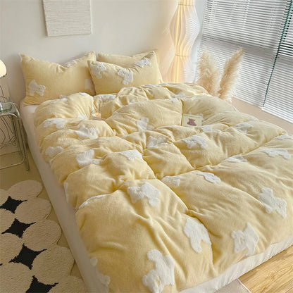 Plush Teddy Bear Flannel Fleece Bedding Set