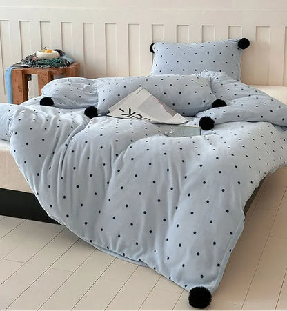 Plush Polka Dot Pom Pom Velvet Bedding Set