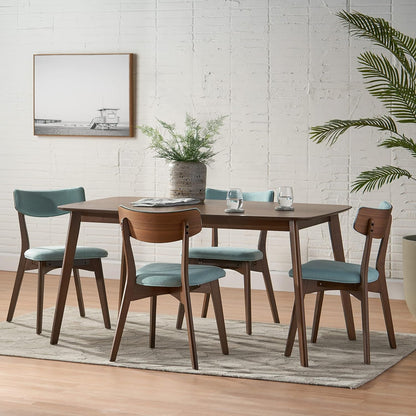 Christopher Knight Home Megann Mid-Century Wood Dining Set with Fabric Chairs, 5-Pcs Set, Natural Walnut / Mint Dining Room Furniture Furniture Home & Kitchen Table & Chair Sets