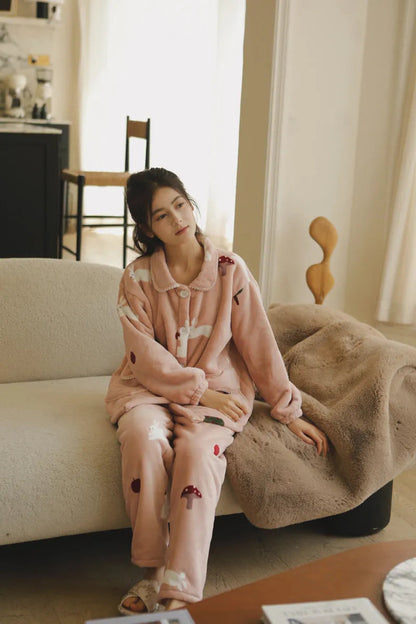Plush Rabbit & Mushroom Flannel Fleece Pajama Set
