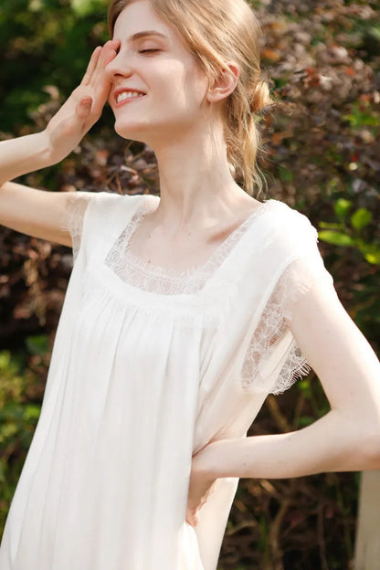 Silky Soft Lace Trim Cotton Sateen Pajama Dress