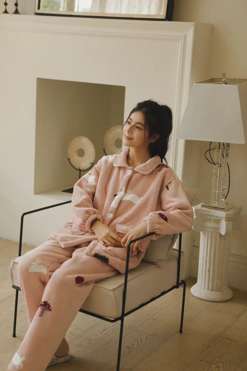 Plush Rabbit & Mushroom Flannel Fleece Pajama Set