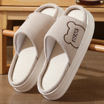 Breathable Woven Embroidered Bear Linen House Slippers