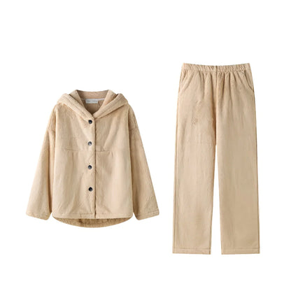 Plush Hooded Flannel Fleece Pajama Set