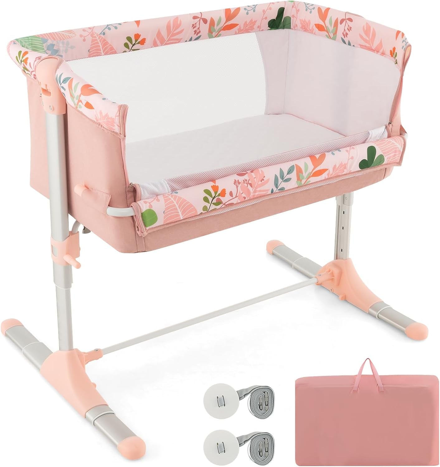 BABY JOY Bedside Bassinet, Co Sleeper Portable Crib W/Travel Bag, Detachable & Washable Mattress, Breathable Mesh, Newborn Infant Baby Bed, Height & Angle Adjustable (Pink) Baby Products Bassinets Bedside Cribs Furniture Infant & Toddler Beds Nursery