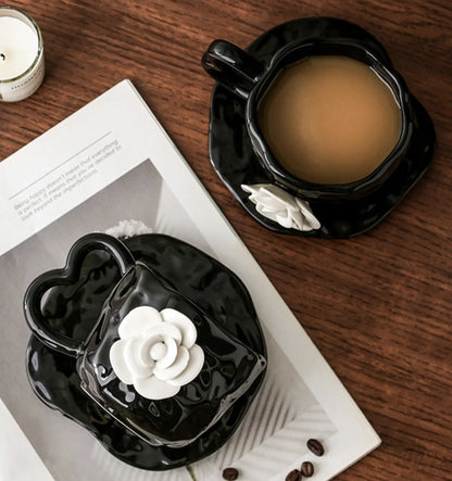 Textured Camellia Floral Ceramic Mug & Saucer Set