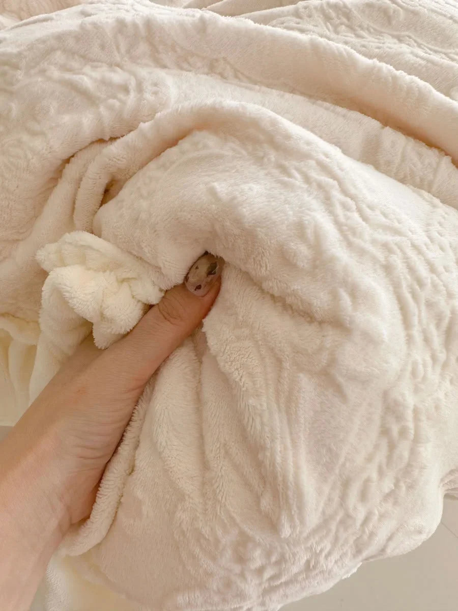 Plush Ruffled Embossed Bow Flannel Fleece Bedding Set