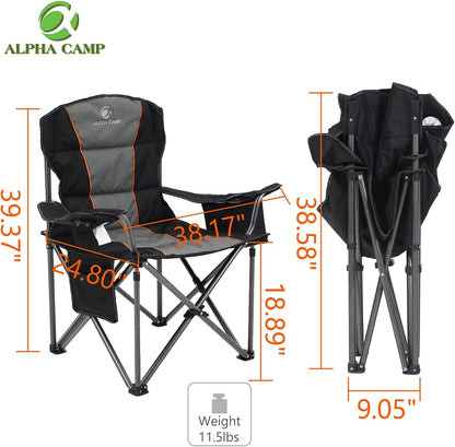 ALPHA CAMP Oversized Camping Folding Chair, Heavy Duty Support 450 LBS Steel Frame Collapsible Padded Arm Chair with Cup Holder Quad Lumbar Back, Portable for Outdoor,Black Camping & Hiking Camping Furniture Chairs Outdoor Recreation Sports & Outdoors