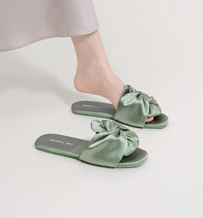 Silky Ruched Bow Cotton Sateen House Slippers