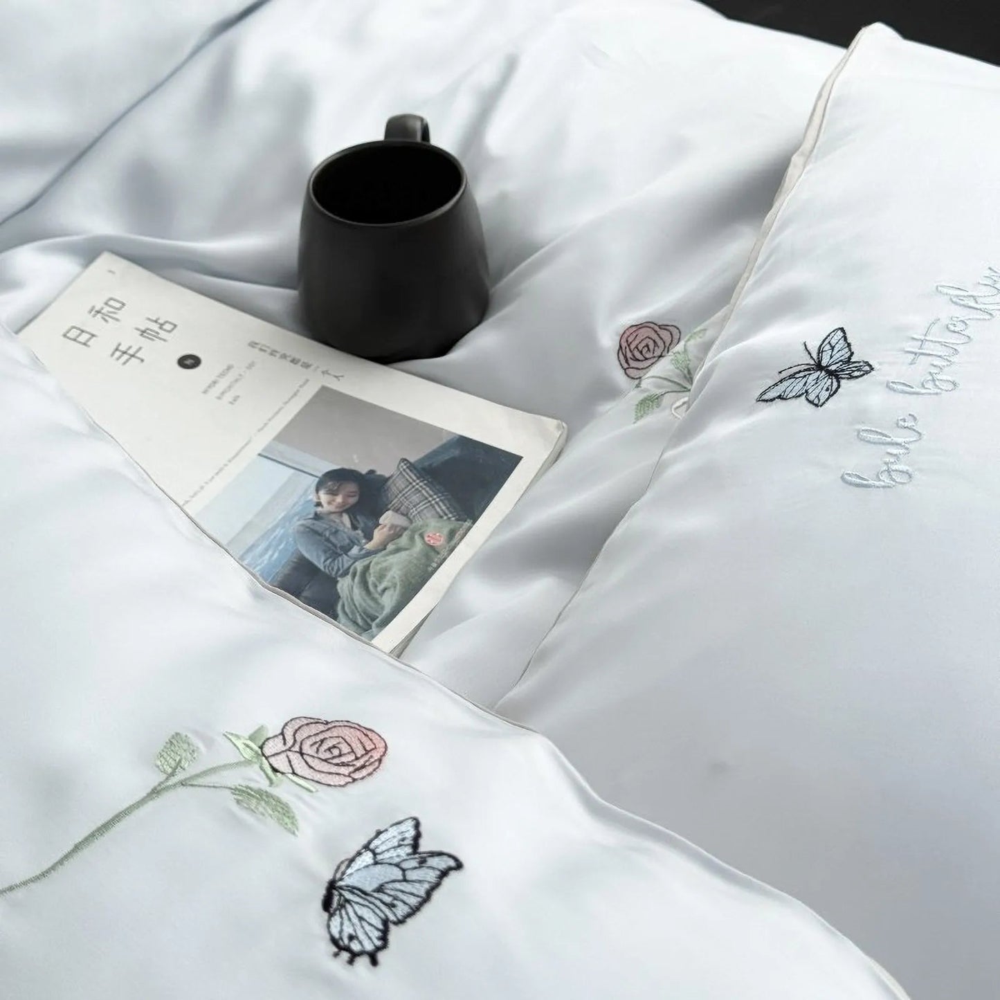 Silky Embroidered Butterfly & Rose Tencel Bedding Set