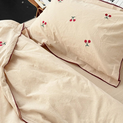 Soft Embroidered Cherry Washed Cotton Bedding Set