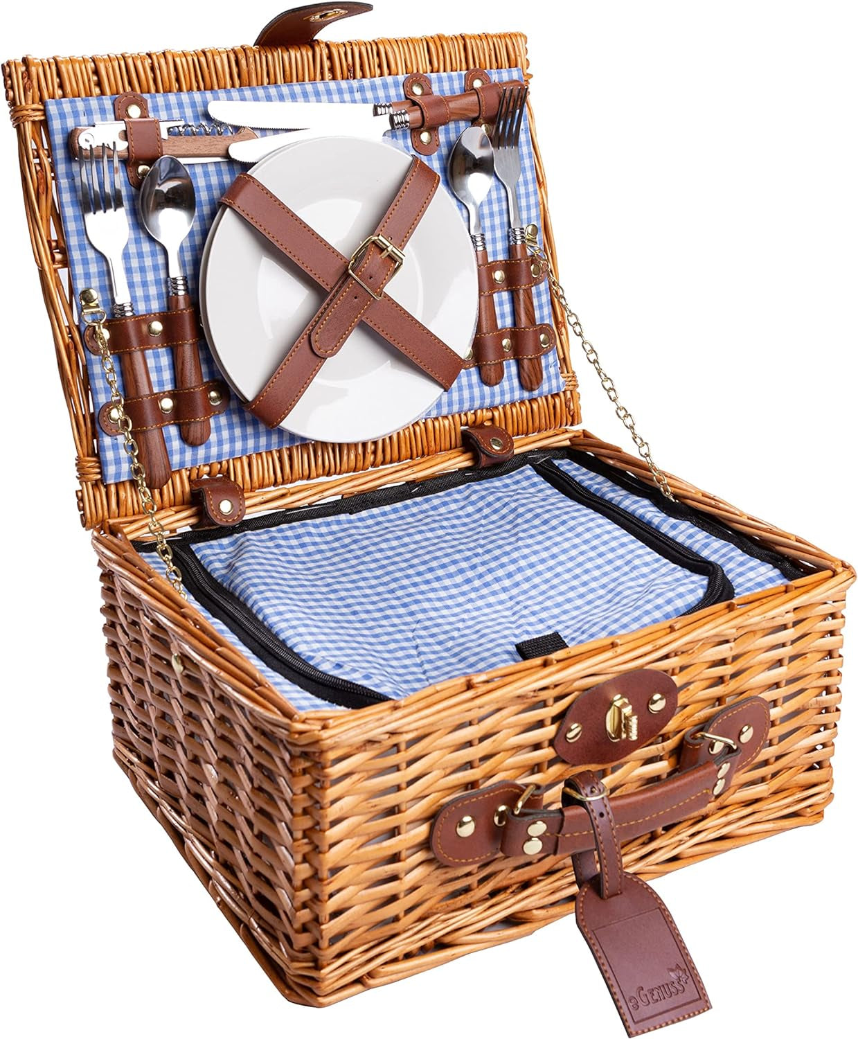 Wicker Picnic Basket for 2 | Set with Insulated Cooler, Plates, Portable Utensils | Blue Lawn & Garden Patio Patio Furniture & Accessories Picnic Baskets Picnic Sets Tables & Accessories