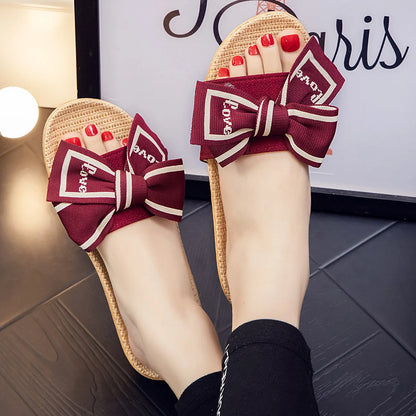 Breathable Woven "Love" Bow Linen House Slippers