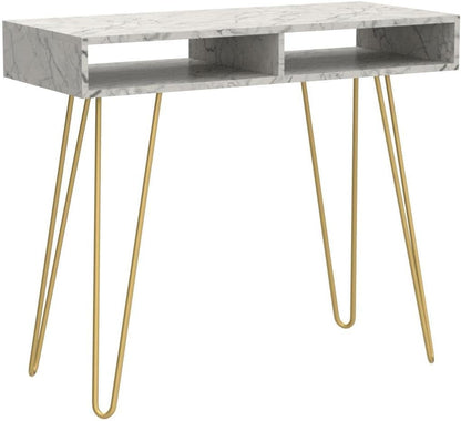 RAAMZO Computer Writing Desk Table with Open Storage Cubbies, Gold Metal Legs/White Faux Marble - Mid-Century Style Furniture Home & Kitchen Home Office Desks Home Office Furniture