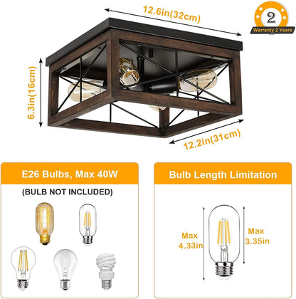 Wooden Flush Mount Ceiling Light, 4-Light Rustic Farmhouse Light Fixtures, Industrial Square Ceiling Light Fixture with E26 Socket for Kitchen Entryway Living Room Dining Room Bedroom Ceiling Lights Close To Ceiling Lights Lighting & Ceiling Fans Tools & Home Improvement