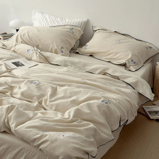 Textured Blueberry Embroidered Linen Bedding Set