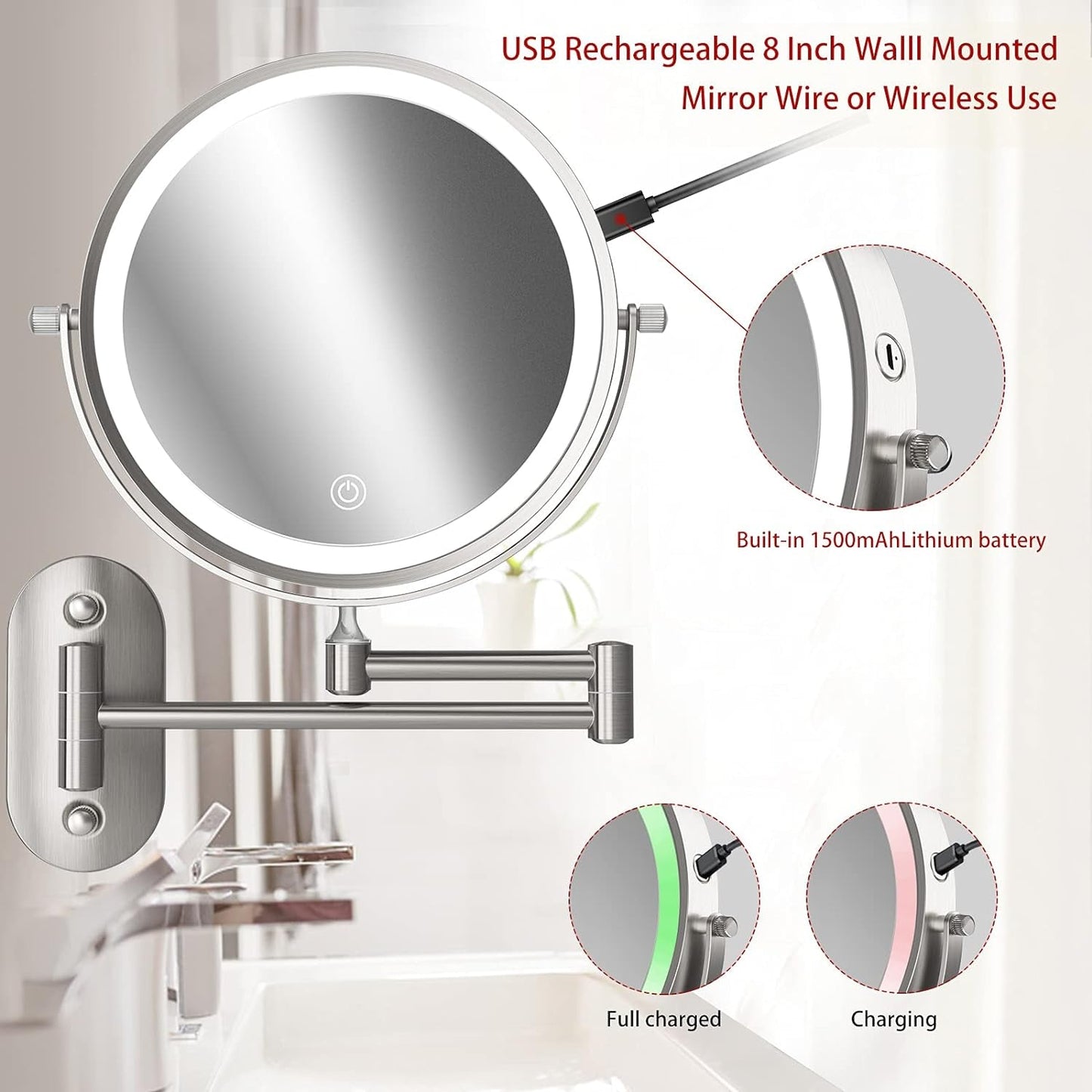 Erealmirror Rechargeable LED Lighted Makeup Mirror Wall Mounted Double Sided 10X Magnifying Bathroom Mirror with 3 Color Lights Dimming 360 Degree Rotation, Extension Arm, Brushed Nickel Beauty & Personal Care Makeup Mirrors Mirrors Tools & Accessories